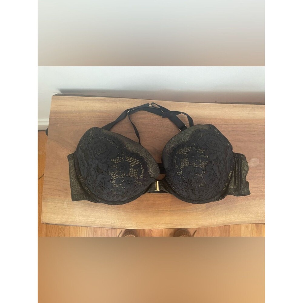 Cacique Womens Black Gold Plunge Front Closure Lace Padded Bra 46C Black Padded